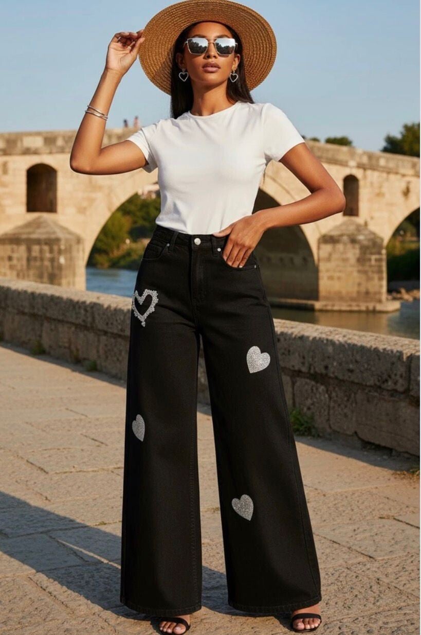 Stretch Palazzo Jeans met Hart details