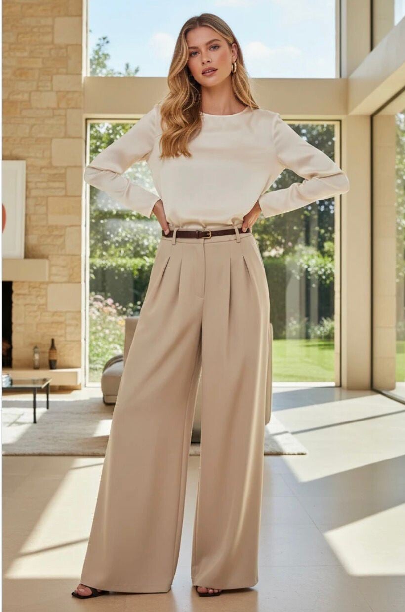 Long fluid wide leg pants straight cut elastic waist with pockets