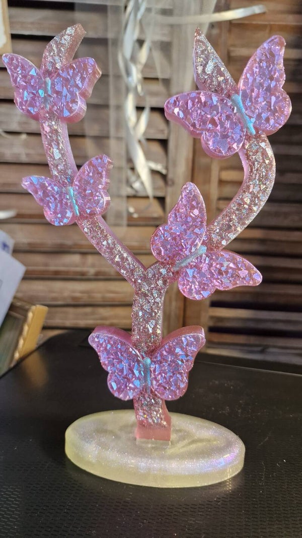 Branche 5 papillons effet diamant rose