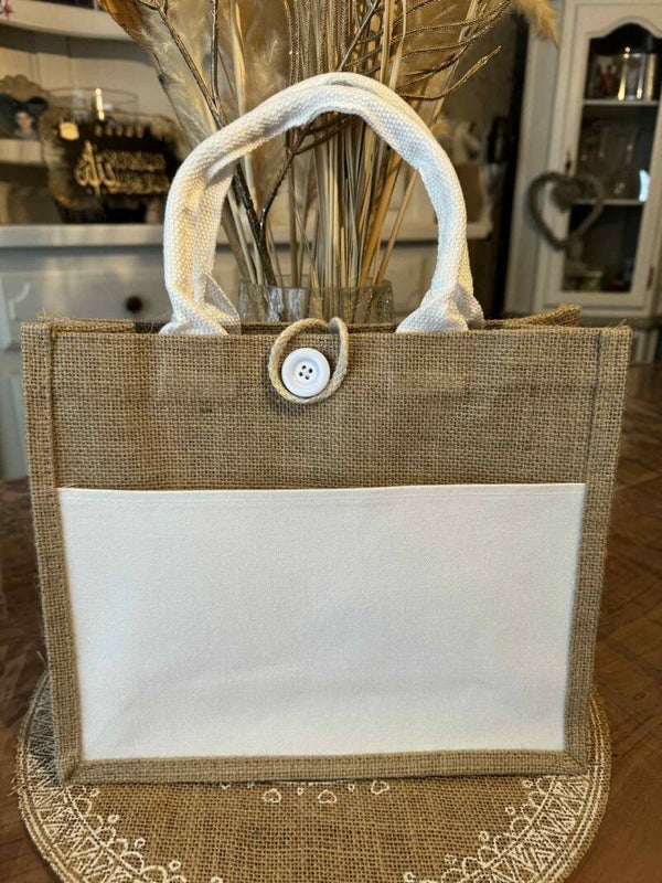 sac cabas toile de jute et blanc avec poche devant