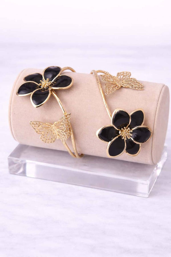 Bracelet fleurs noires et papillons couleur or