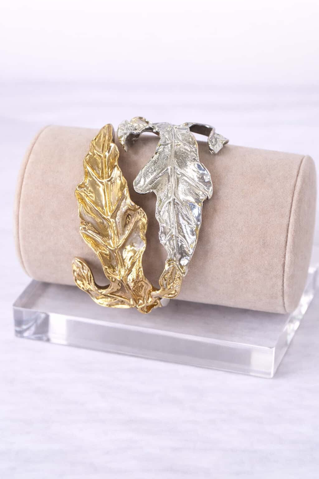 Bracelet clip argenté et couleur or feuilles