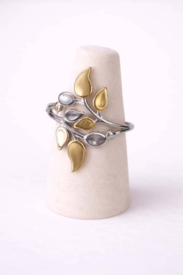 Bague argentée or fleur feuille réglable