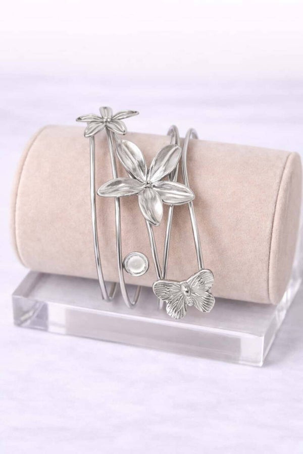 Bracelet argenté fleurs papillon