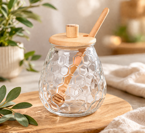 Barattolo per miele in vetro con cucchiaio in legno – Stile naturale
