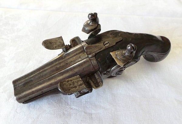 PISTOLET A SILEX DE VOYAGE - CANONS EN TABLE - LOUIS XV VERS 1760 - XVIII°