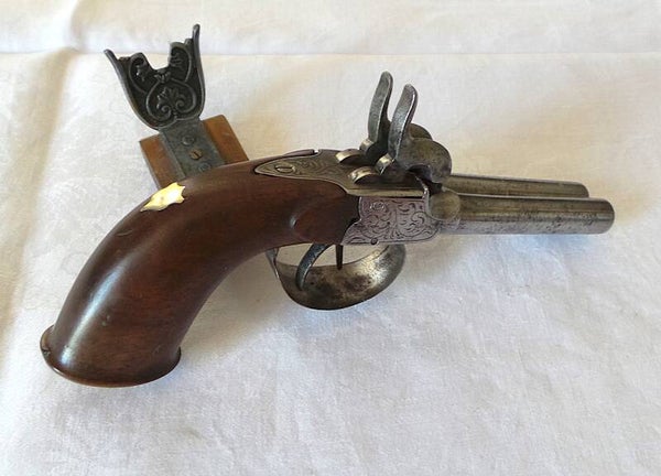 PISTOLET A 2 CANONS EN TABLE A BROCHE - ELG LIEGE - XIX°