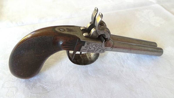 PISTOLET AUGUSTE FRANCOTTE 1868 - DEUX CANONS EN TABLE - XIX°