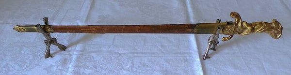 DAGUE DE CHASSE EN BRONZE -" ATLAS A LA HURE DE SANGLIER "- XIX°-AVEC FOURREAU