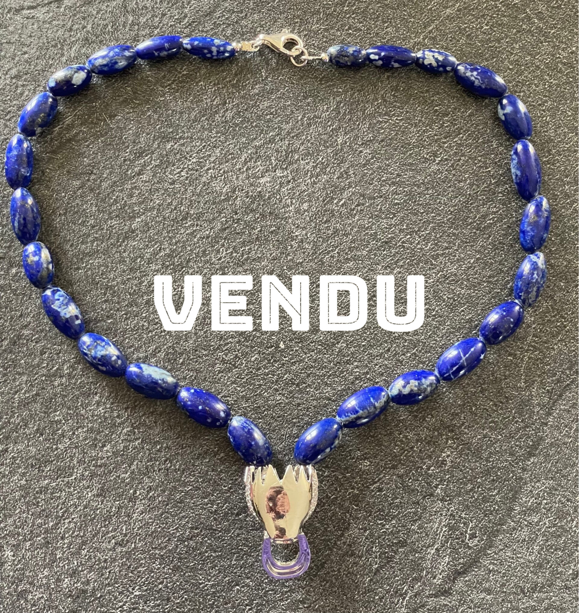 COLLIER RAS DU COU EN LAPIS LAZULI, OXYDE DE ZIRCONIUM, ARGENT 925 - XX°