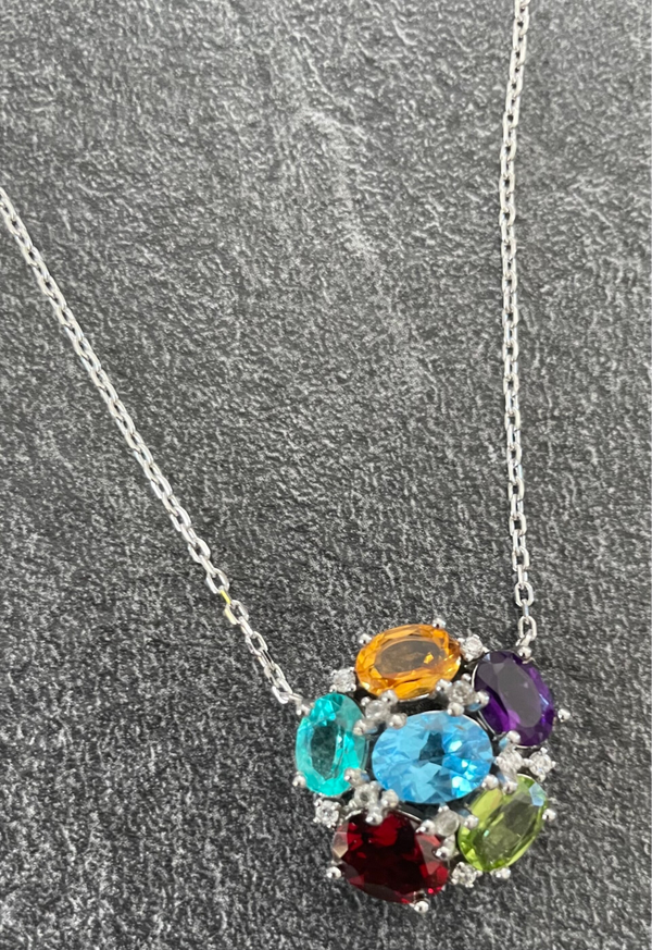 COLLIER PENDENTIF TUTTI FRUTTI ARGENT 925 - TOPAZE - GRENAT - AMETHYSTE - PERIDOT - CITRINE - XX°