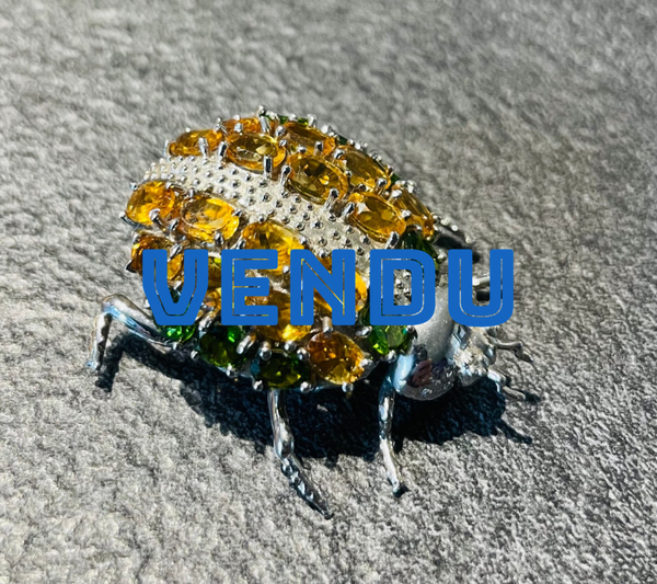 BROCHE COCCINELLE ADAPTABLE EN PENDENTIF ARGENT 925 CITRINE ET PERIDOT  - XX°
