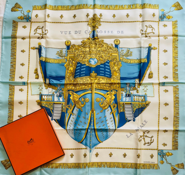 "VUE DU CARROSSE ARRIERE DE LA GALERE" LA "REALE" CARRE HERMES VINTAGE DANS SA BOITE D'ORIGINE