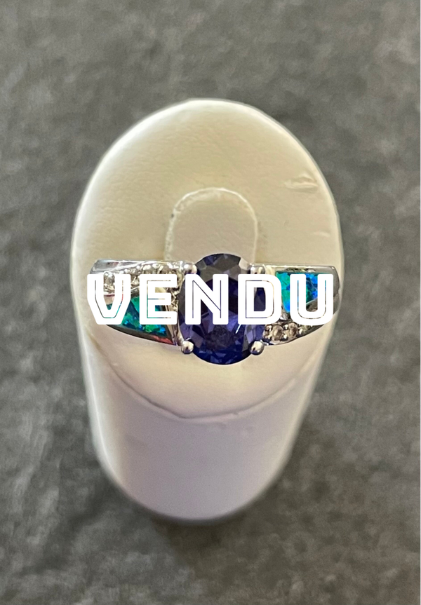 BAGUE ARGENT 925 - NACRE - TANZANITE BLEU-VIOLETTE DE LABORATOIRE  STRASS BLANCS