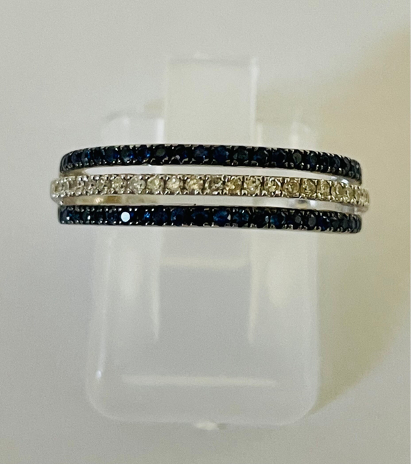 BAGUE OR GRIS 18 K SAPHIR BLEU RONDS ET DIAMANTS