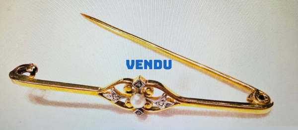 BROCHE BARRETTE EN OR 18 K PERLE ET PETITS DIAMANTS TAILLE ANCIENNE - CIRCA 1900
