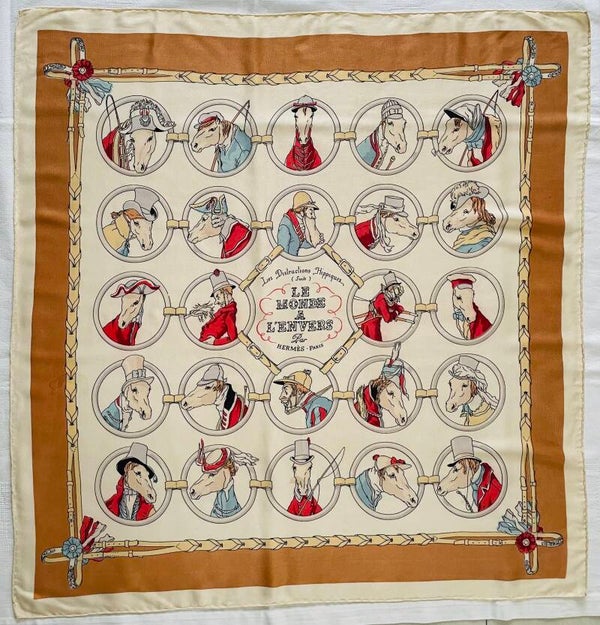 LE MONDE A L'ENVERS - LES DISTRACTIONS HIPPIQUES - RARE CARRE HERMES COLLECTOR DE 1946