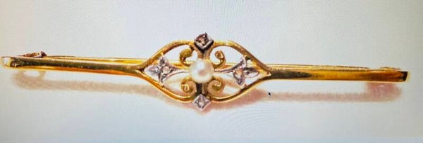 BROCHE BARRETTE EN OR 18 K PERLE ET PETITS DIAMANTS TAILLE ANCIENNE - CIRCA 1900