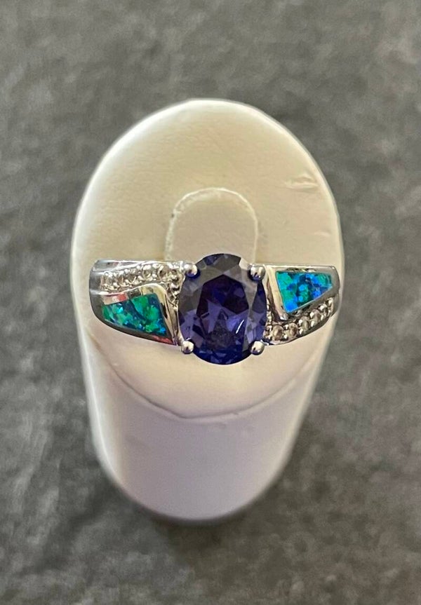 BAGUE ARGENT 925 - NACRE - TANZANITE BLEU-VIOLETTE SYNTHETIQUE STRASS BLANCS