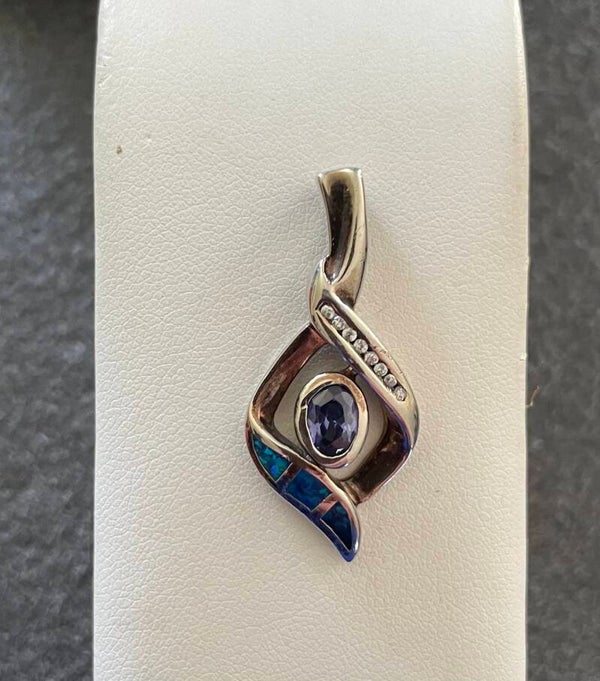 PENDENTIF ARGENT 925 TANZANITE SYNTHETIQUE ET STRASS BLANCS