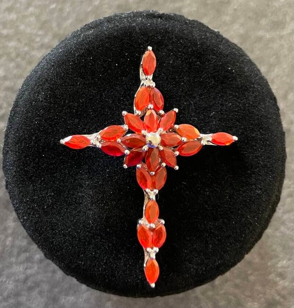 PENDENTIF CROIX CHRETIENNE OPALE DE FEU SUR ARGENT 925 - XX°