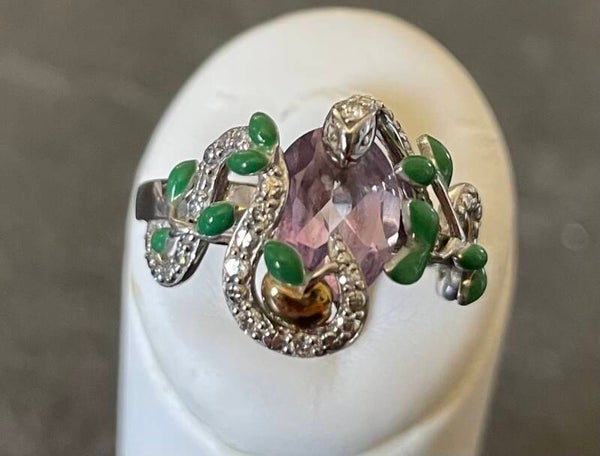 BAGUE "EDEN" AMETHYSTE - ARGENT 925, EMAIL VERT, OR, DTS - XX°