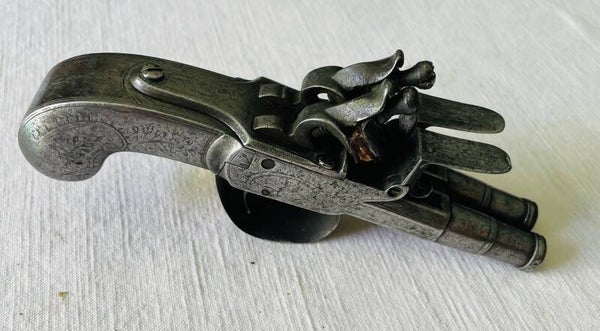 PISTOLET A SILEX A L'ECOSSAISE A DOUBLE CANONS EN TABLE - XVIII°