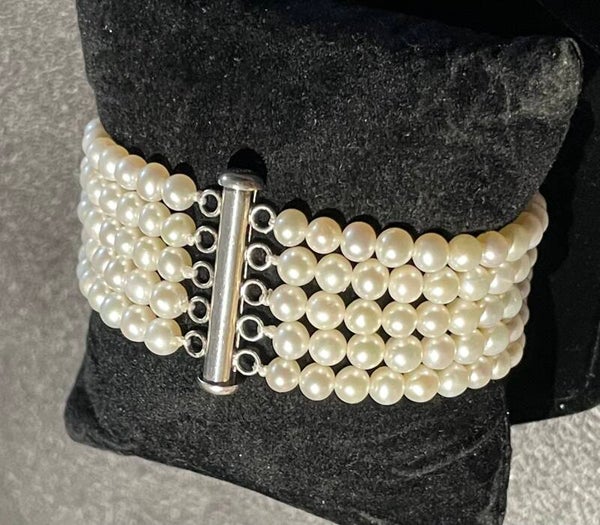 BRACELET DE 5 RANGS DE PERLES D'EAU DOUCE FERMOIR ARGENT 925