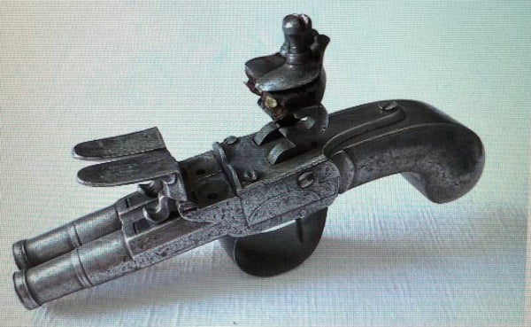 PISTOLET A SILEX A L'ECOSSAISE A DOUBLE CANONS EN TABLE - XVIII°