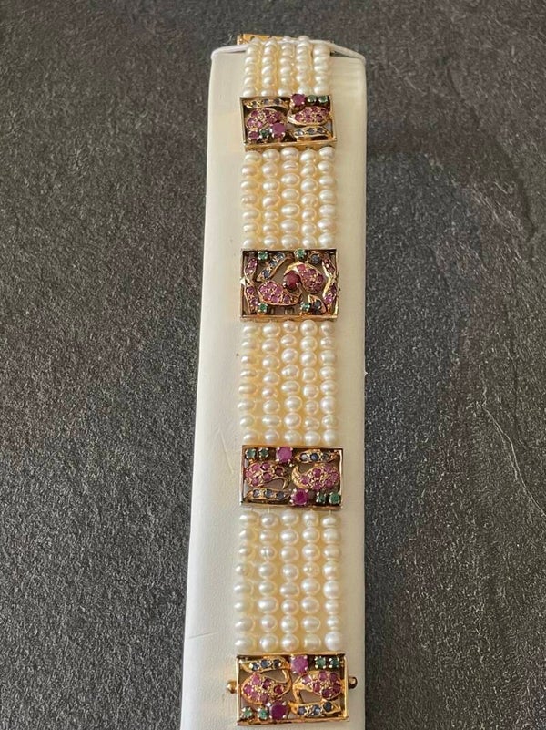 BRACELET EN ARGENT 925 VERMEILLÉ A 5 RANGS DE PERLES D'EAU DOUCE SAPHIRS RUBIS EMERAUDES