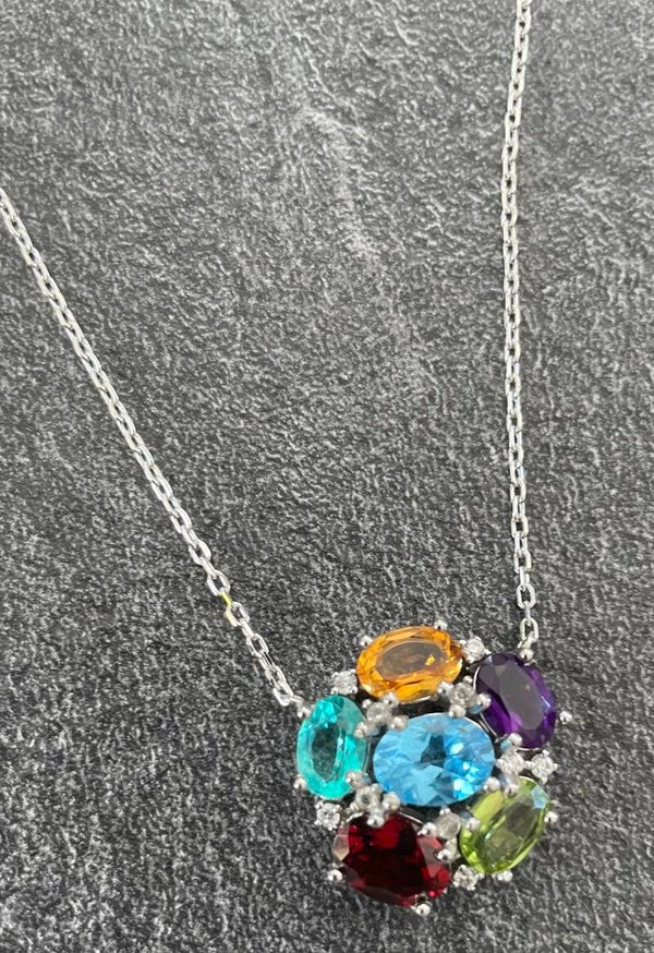 COLLIER PENDENTIF TUTTI FRUTTI ARGENT 925 - TOPAZE - GRENAT - AMETHYSTE - PERIDOT - CITRINE - XX°