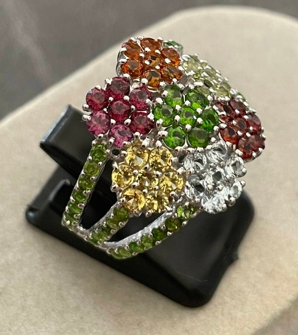 BAGUE TUTTI FRUTTI ARGENT 925 - PERIDOT - CITRINE - TOPAZE - AMERTHYSTE - GRENAT - XX°