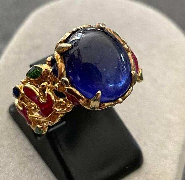 BAGUE ARGENT 925 VERMEIL - SAPHIR CABOCHON OVAL 8,7 CTS - XX°
