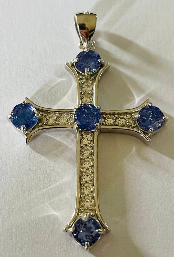 CROIX EN ARGENT 925 TANZANITES ET PIERRES BLANCHES - XX°