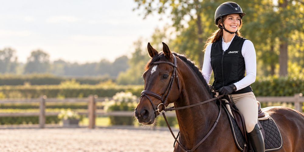 Ruiter op een paard met een zwart JMPX-airbagvest