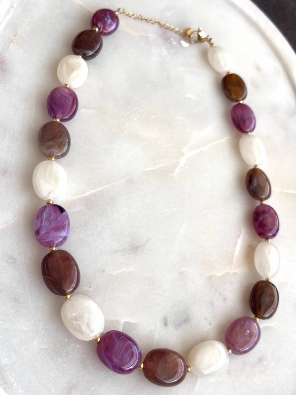 Ovale ketting paars, bruin, wit