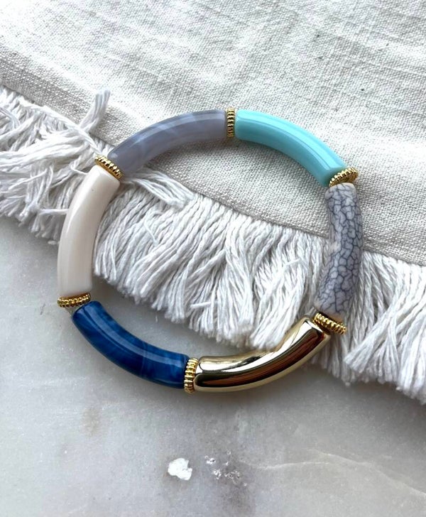 Tube armbanden donkerblauw, lichtblauw, goud en beige,