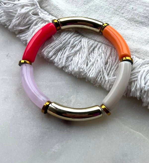Tube armbanden roze, goud, oranje en beige
