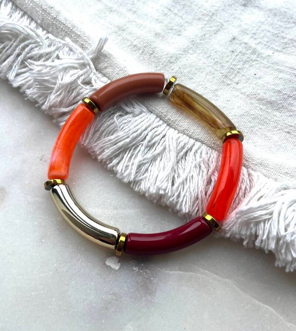 Tube armband oranje, bruin, bordeaux rood en goud