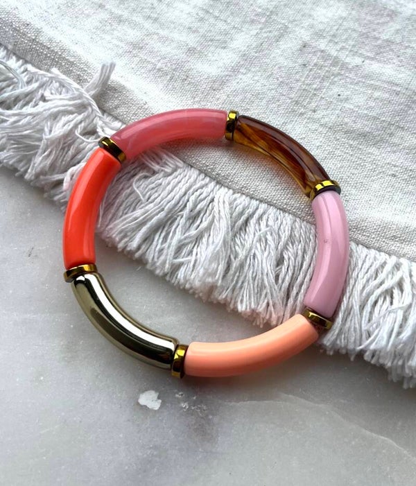Tube armband licht roze, oranje, bruin, roze en goud