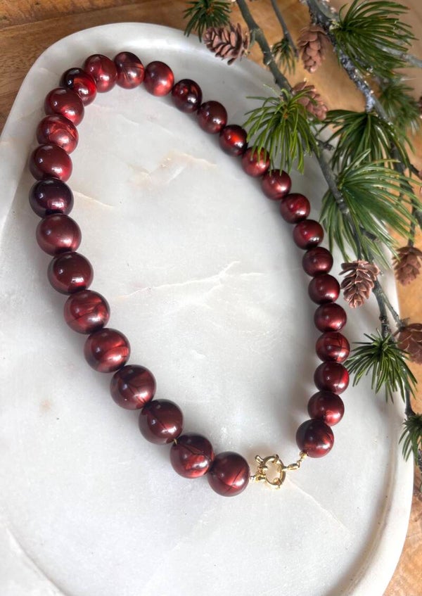 Cat eye kralen ketting rood/bruin