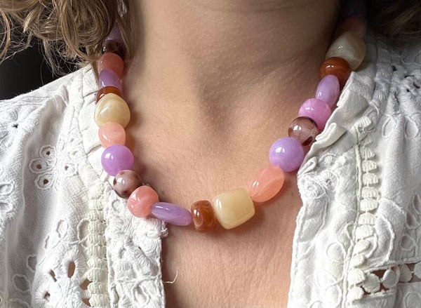 Acryl kralen ketting multicolor blauw, zalmroze en paars