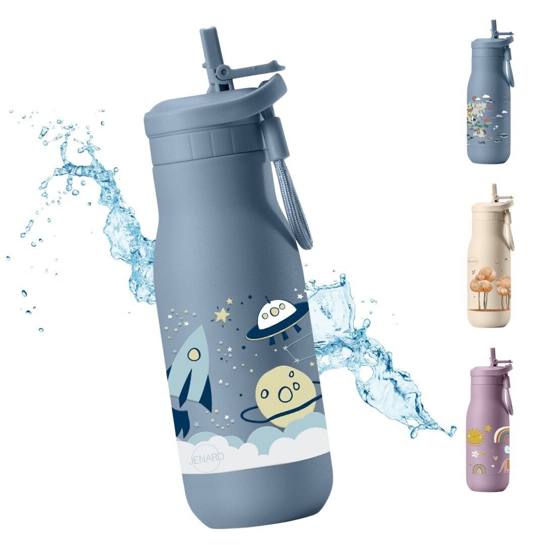 JENARD® kinderdrinkfles roestvrij staal - lekvrij, dubbelwandig, BPA-vrij, thermosfles voor school en kleuterschool. Blauw / Ruimte - Ruimte