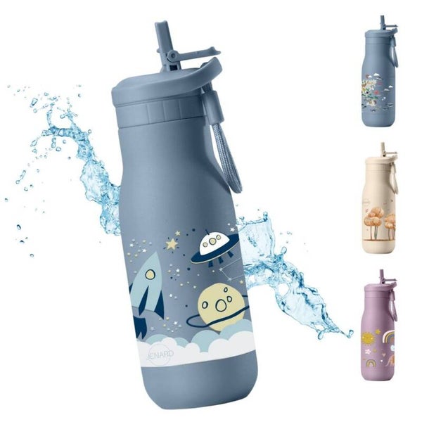 JENARD® kinderdrinkfles roestvrij staal - lekvrij, dubbelwandig, BPA-vrij, thermosfles voor school en kleuterschool. Blauw / Ruimte - Ruimte