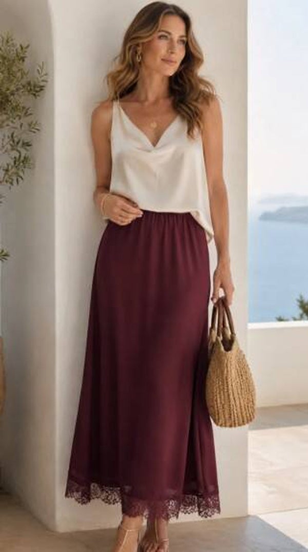 satijnen maxi rok met kanten zoom diverse kleuren 1 maat (36-40)