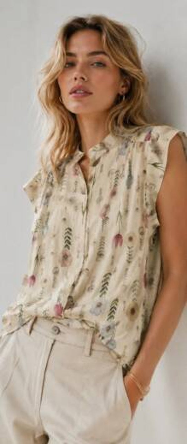 Blouse met knoop veldbloemen motief 1 maat (36-40)