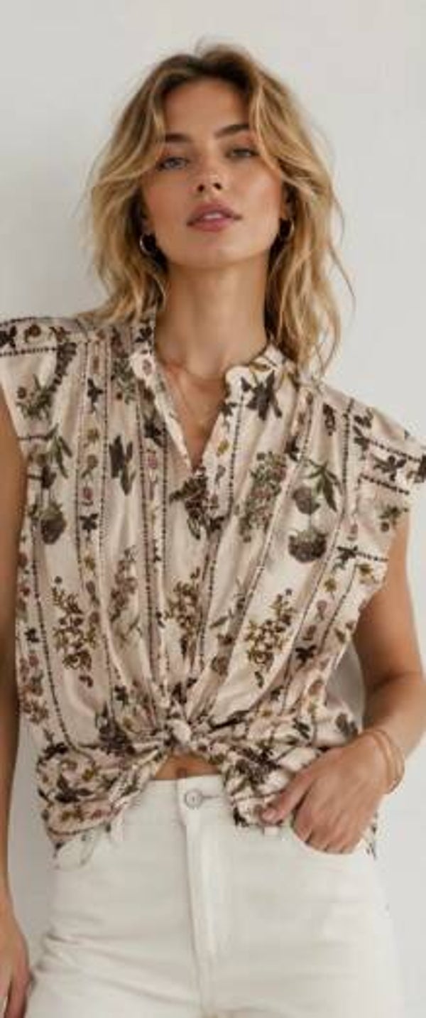 Blouse met knoop streep bloemen motief 1 maat (36-40)