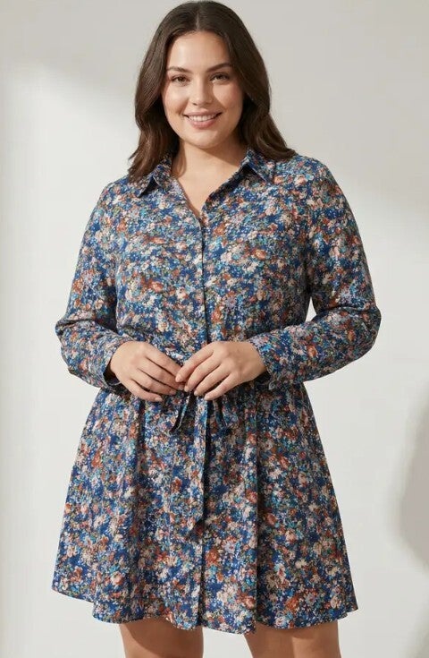 Blousejurk blauw bloemenmotief 46/48 + 50/52