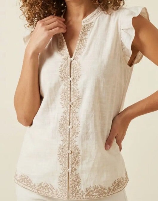 Top beige  met bruin borduursel