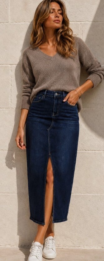 Denim rok  met split middenvoor donkerblauw diverse maten